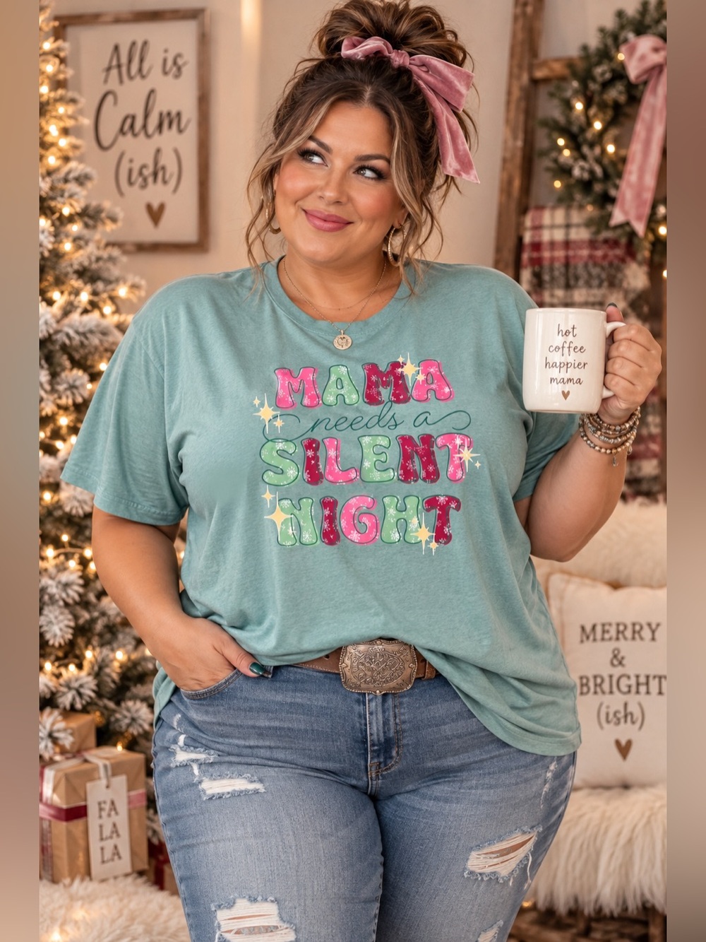 Mama Needs a Silent Night Holiday Graphic Tee EUC